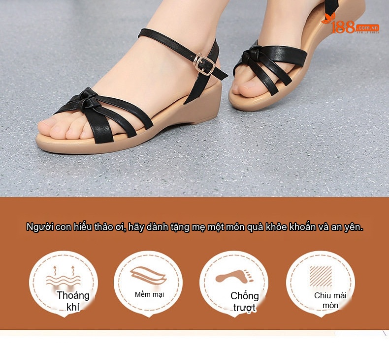 Dép Sandal Nữ Quai Ngang Da Bò Đế Cao 5cm - 6cm Màu Đen, Kem chi tiết 2