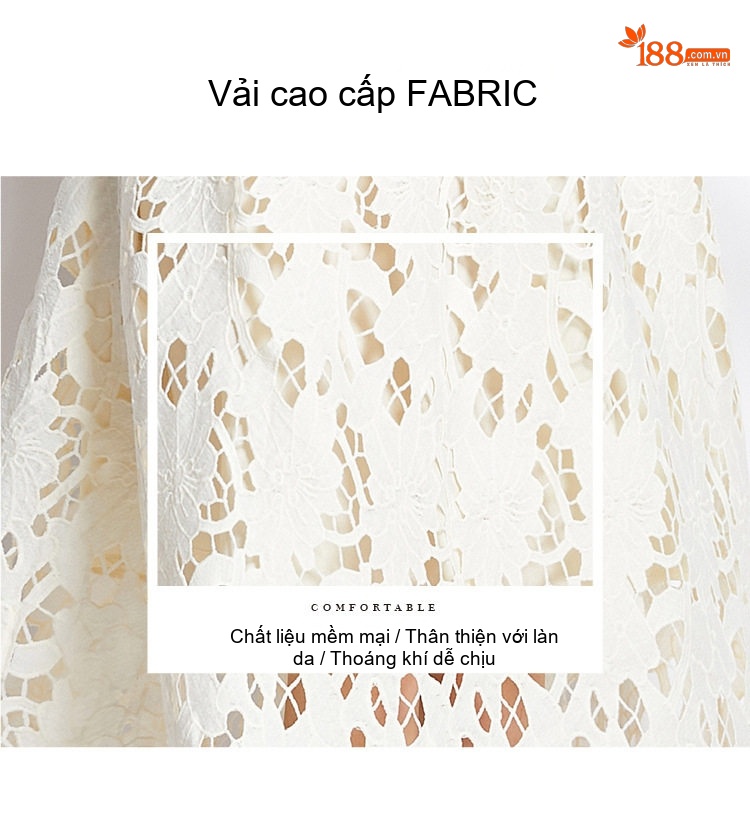 Váy liền thân Nữ Tay Ngắn Cổ Tròn Ôm Eo Dáng Chữ A Ren Nổi Màu Trắng Kem chi tiết 5