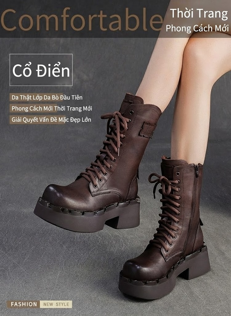Boot Martin Nữ Da Bò Cổ Cao Tăng Chiều Cao Đế Khoảng 6cm Màu Đen, Nâu chi tiết 1