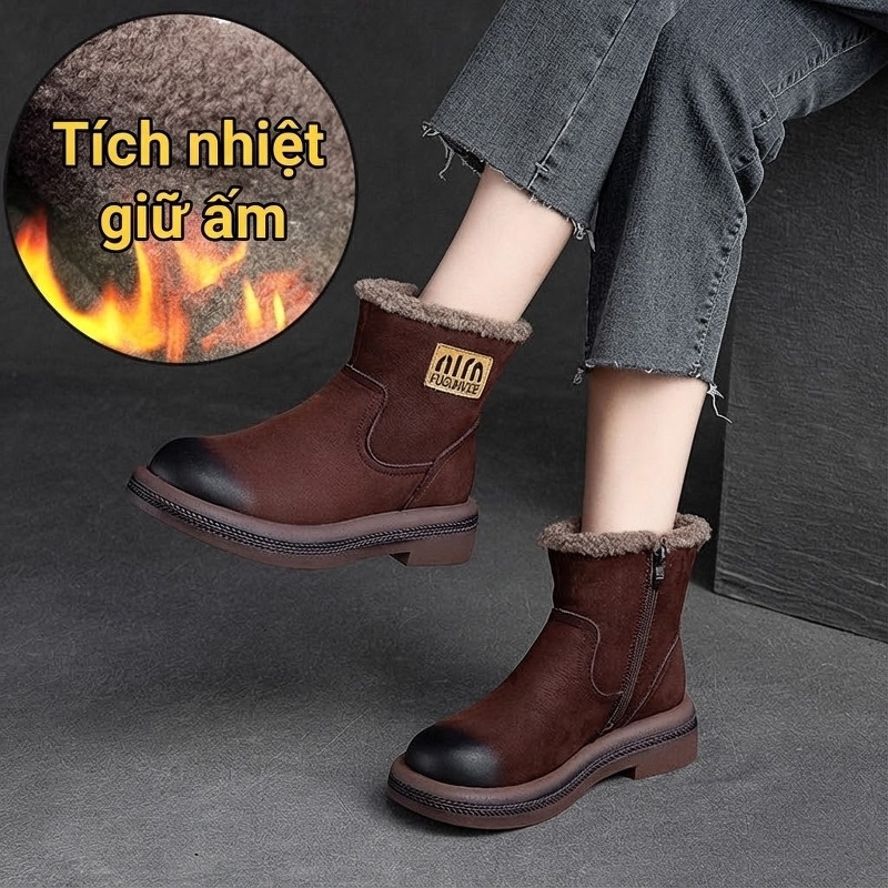 Boot Nữ Ngắn Cổ Lót Lông Giữ Ấm Mùa Đông Chiều Cao Đế Khoảng 3cm Màu Nâu