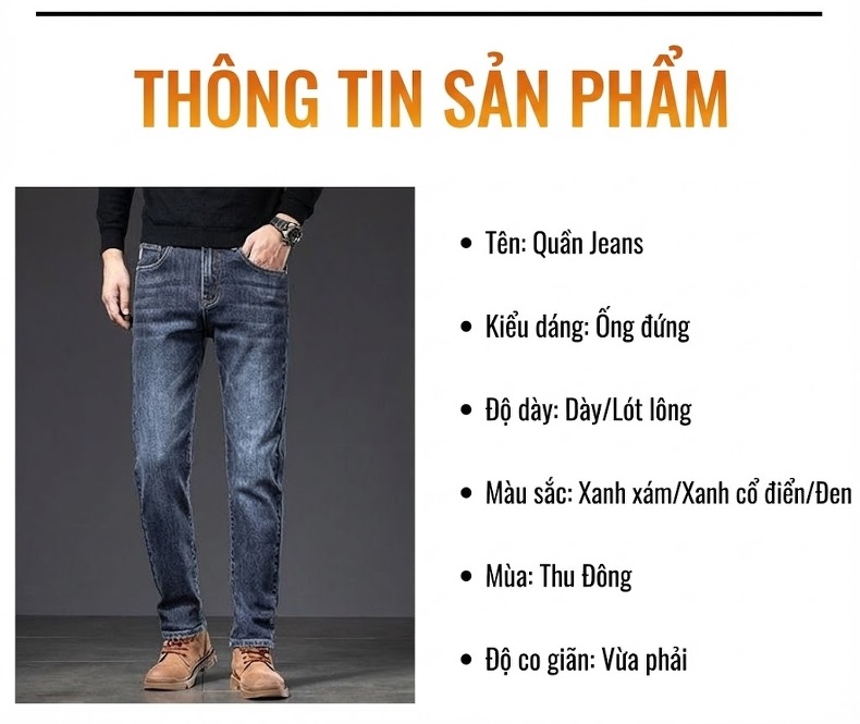 Quần Jean Nam Ống Đứng Co Giãn Lót Lông Cao Cấp Màu Xanh, Đen chi tiết 15