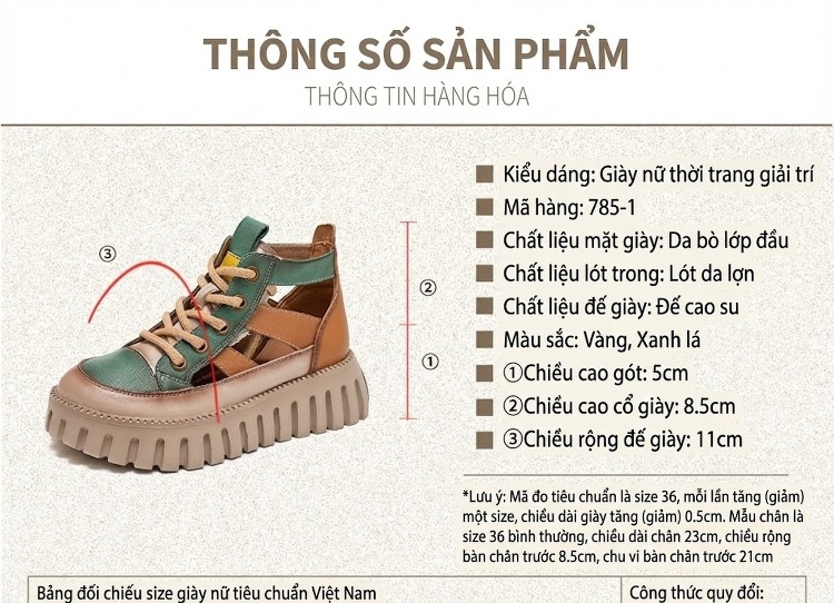 Dép Sandal Nữ Quai Da Hở Ngón Đế Bánh Mì Đế Cao 5cm - 6cm Màu Vàng, Xám, Nâu, Xanh Lá chi tiết 2