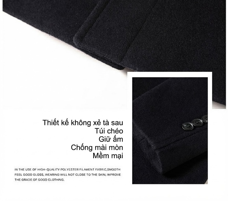 Áo Khoác Dạ Nam Trung Niên Dáng Dài Vừa Vặn Cổ Bẻ Lịch Lãm Chất Liệu Lông Cừu Màu Đen, Xám chi tiết 8