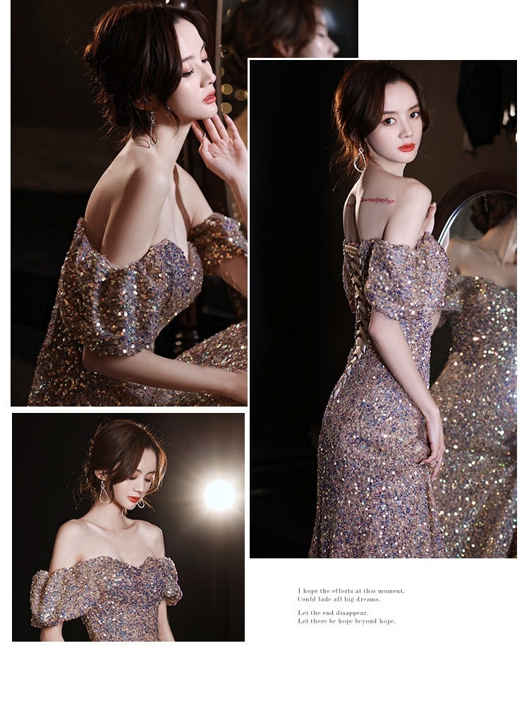 Váy Dạ Hội Nữ Hở Vai Tay Bồng Dáng Dài Lấp Lánh Sang Trọng Màu Vàng Đồng chi tiết 5