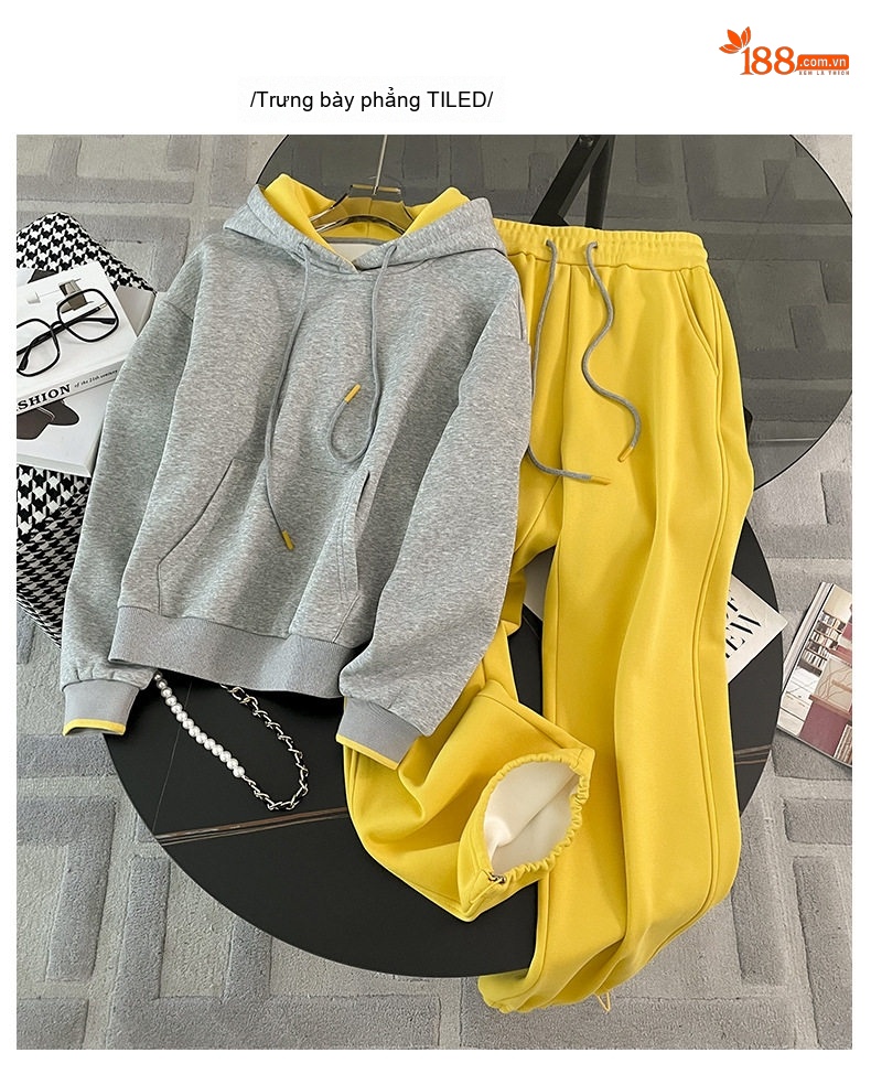 Bộ đồ thể thao nữ áo hoodie quần dài dáng rộng lót lông màu xám chi tiết 2