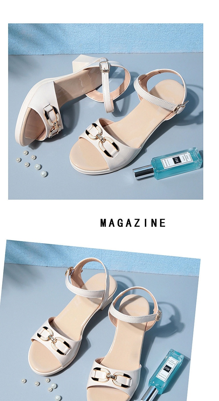 Giày Sandal Cao Gót Nữ Quai Ngang Da Bóng Gót Cao 7cm - 8cm Màu Đen, Kem chi tiết 11