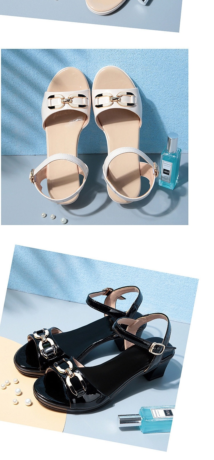 Giày Sandal Cao Gót Nữ Quai Ngang Da Bóng Gót Cao 7cm - 8cm Màu Đen, Kem chi tiết 12
