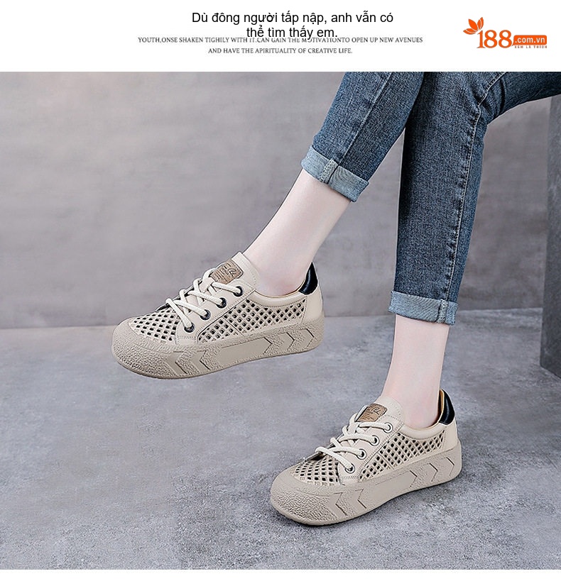 Giày Búp Bê Nữ Da Bò Lỗ Thoáng Khí Đế Bằng Đế Cao 3cm - 4cm Màu Kem, Hồng chi tiết 14
