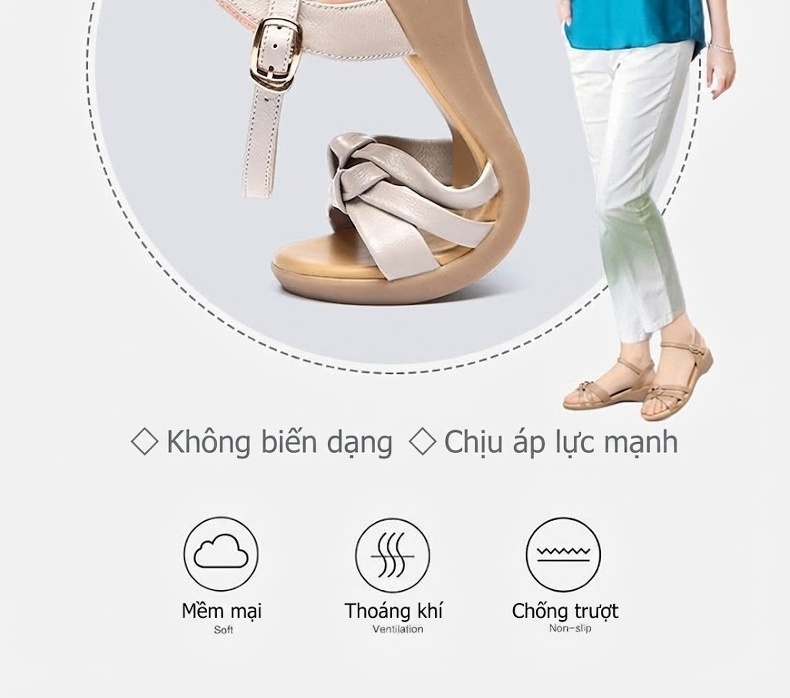 Dép Sandal Nữ Quai Ngang Da Bò Đế Cao 5cm - 6cm Màu Đen, Kem chi tiết 7
