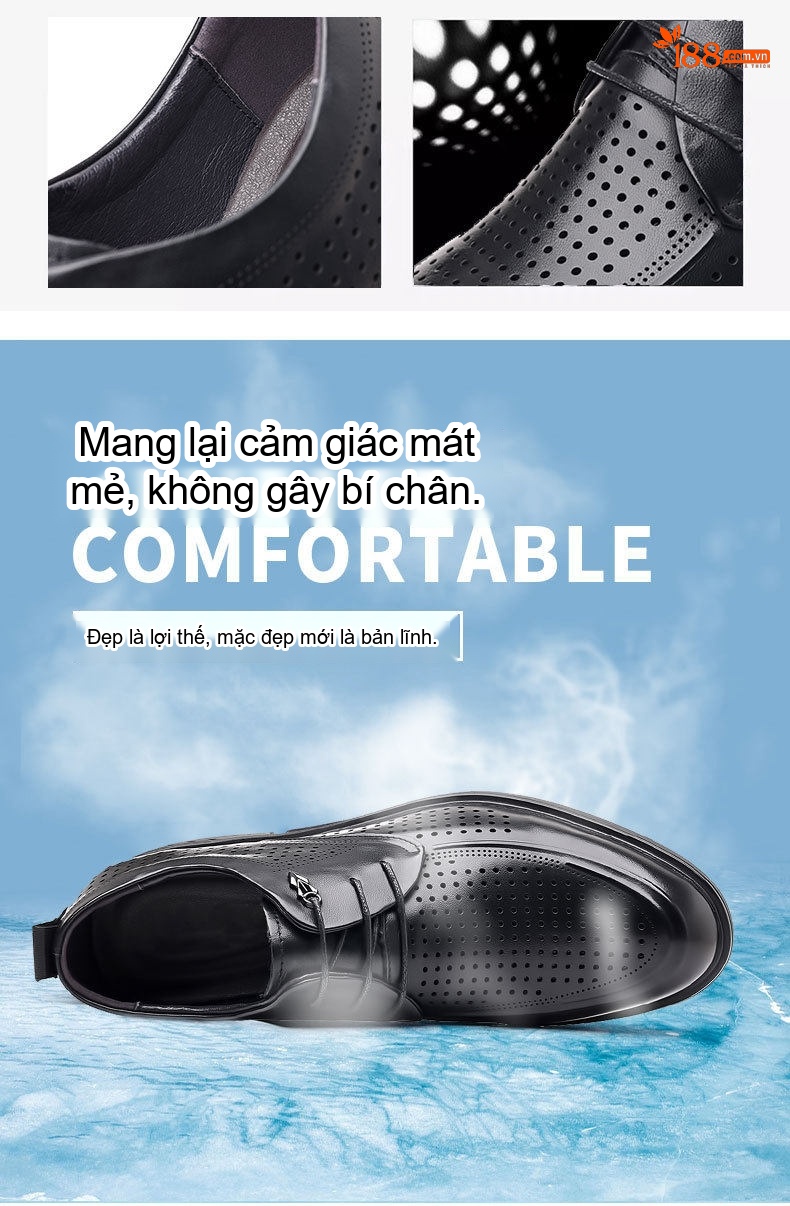 Giày Tây Buộc Dây Nam Da Bò Lớp Đầu Chiều Cao Đế Khoảng 3cm Màu Đen chi tiết 3