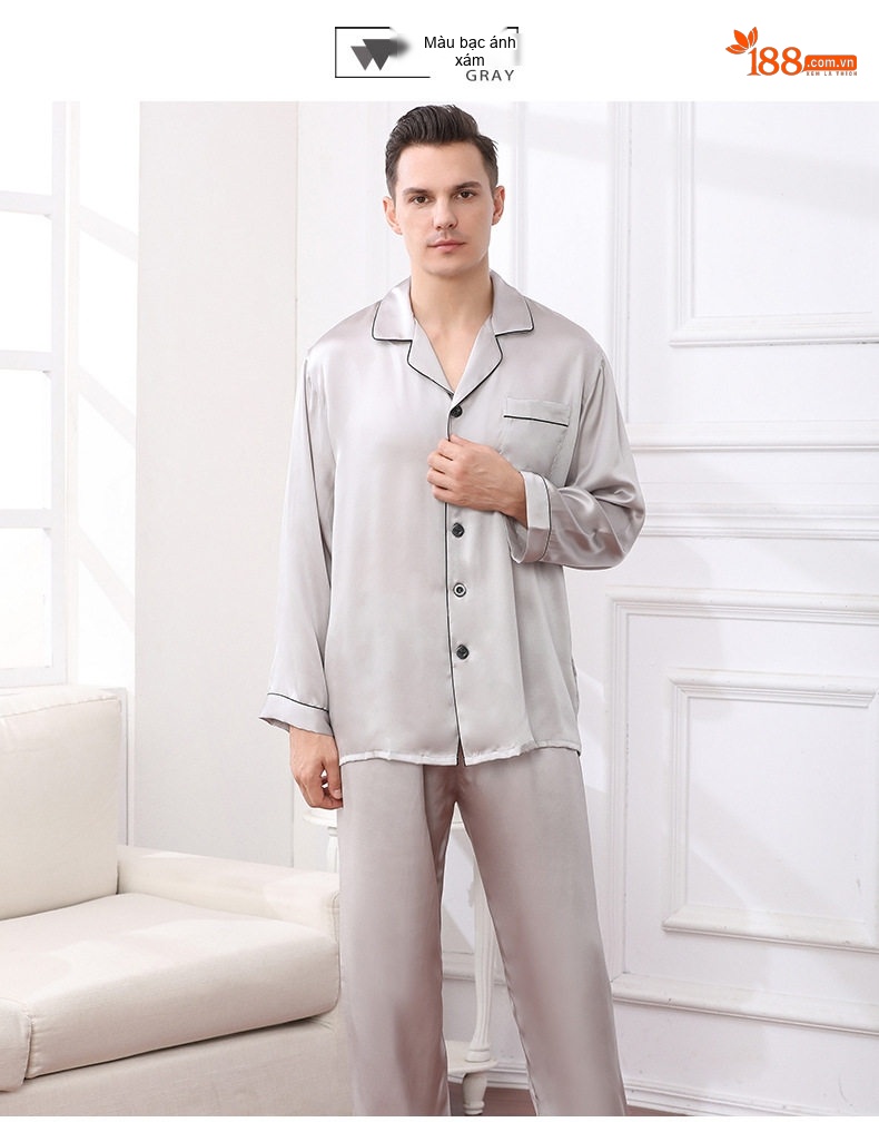 Bộ Pijama Lụa Dài Tay Nam 100% Lụa Tằm Cao Cấp Màu Xanh Navy, Xám, Đỏ, Kem chi tiết 15