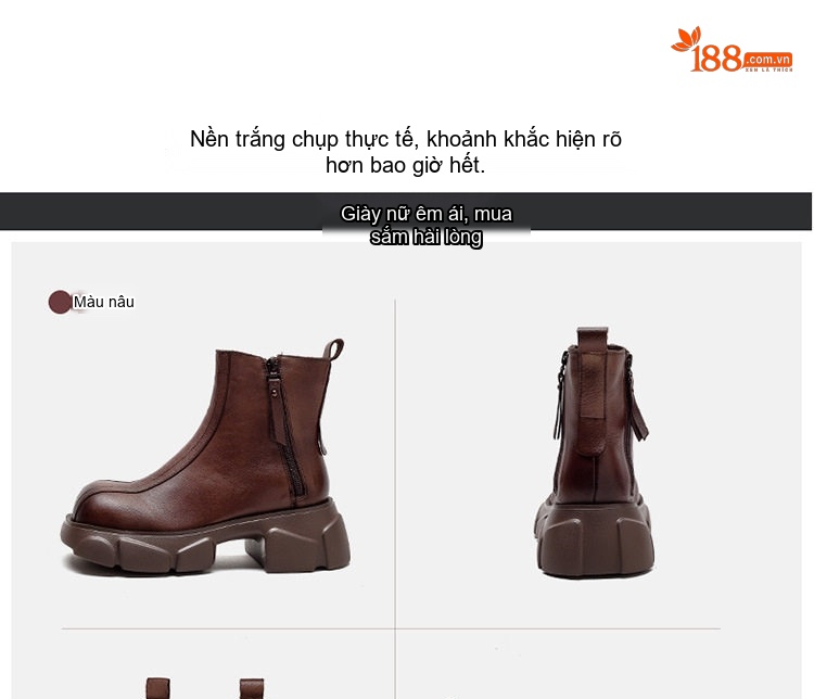 Boot Nữ Da Bò Khóa Kéo Bên Hông Phong Cách Retro Chiều Cao Đế Khoảng 6cm Màu Đen, Nâu chi tiết 15