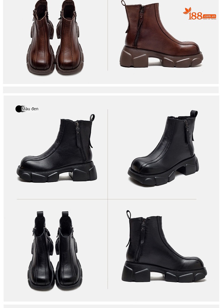 Boot Nữ Da Bò Khóa Kéo Bên Hông Phong Cách Retro Chiều Cao Đế Khoảng 6cm Màu Đen, Nâu chi tiết 16