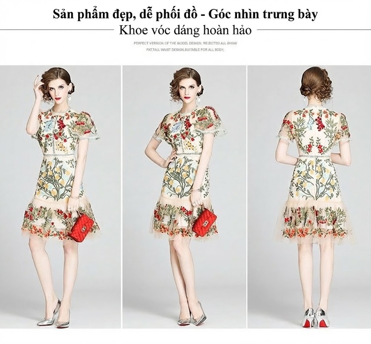 Đầm Ôm Body Tay Ngắn Ren Hoa Nổi Lưới Thêu Eo Cao Bèo Nhún Màu Be Thêu Hoa chi tiết 10