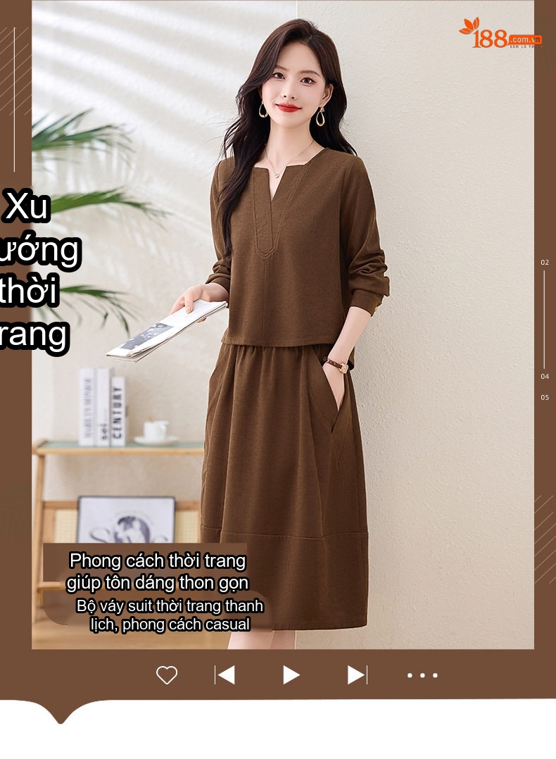 Set Bộ Quần Áo Nữ Thu Đông Dáng Áo Ngắn Tay Dài Chân Váy Chữ A Màu Nâu, Xanh, Hồng chi tiết 1