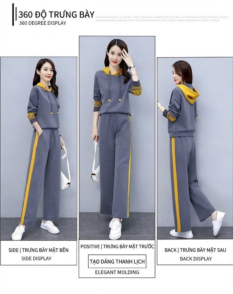Bộ đồ thể thao nữ dệt kim áo hoodie quần ống rộng phong cách thời trang chi tiết 4
