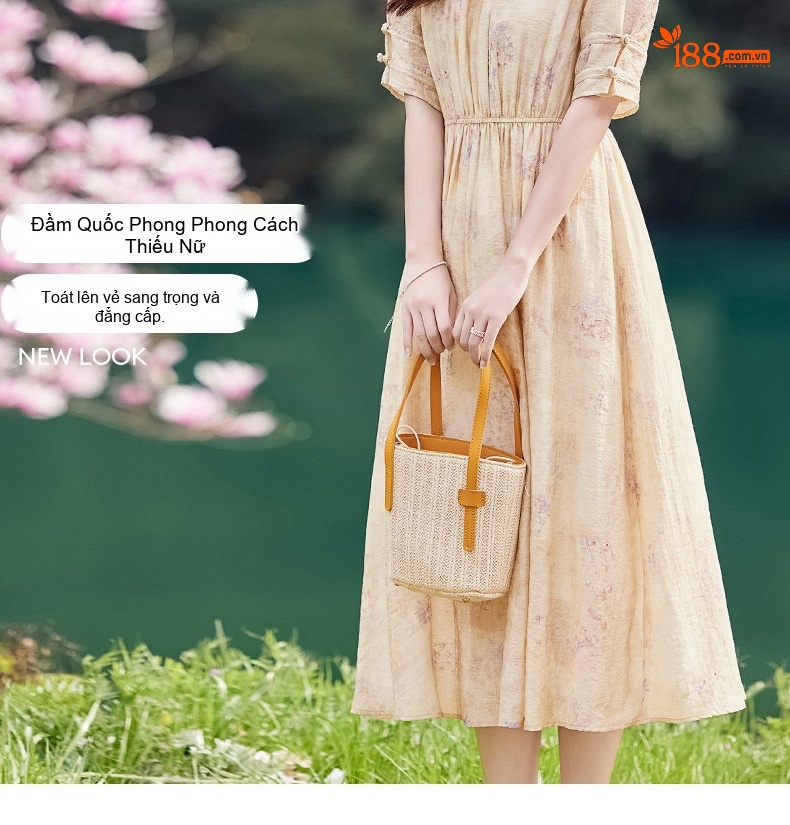 Váy liền thân Nữ Dáng Dài Họa Tiết Hoa Nhí Cổ Điển Thắt Eo Thanh Lịch chi tiết 2