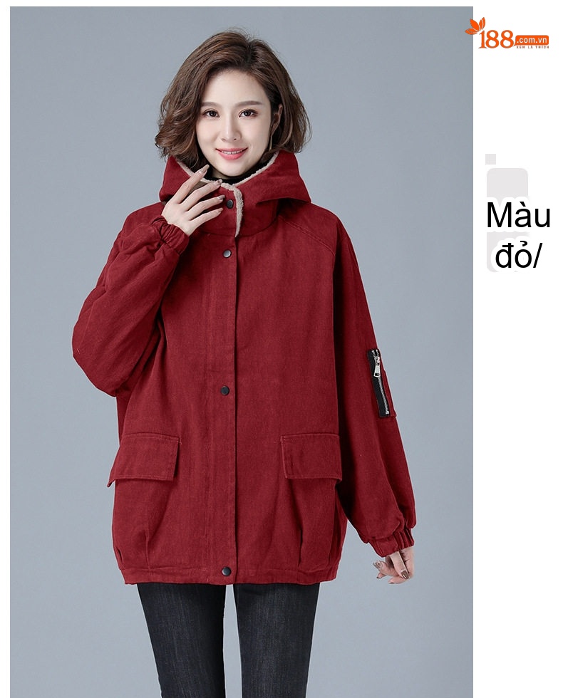 Áo Khoác Nữ Cotton Lót Lông Cừu Non Dày Dặn Có Mũ Trùm Đầu Màu Đỏ, Nâu, Đen chi tiết 13