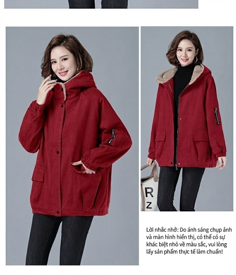 Áo Khoác Nữ Cotton Lót Lông Cừu Non Dày Dặn Có Mũ Trùm Đầu Màu Đỏ, Nâu, Đen chi tiết 14