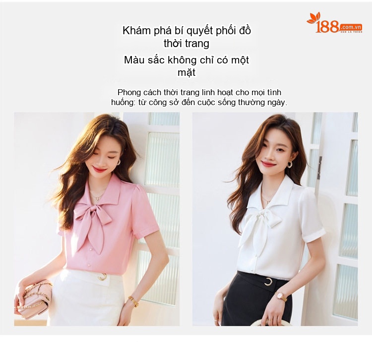 Áo Sơ Mi Tay Ngắn Nữ Cổ Nơ Chất Liệu Tuyết Chiffon Màu Hồng, Trắng chi tiết 9