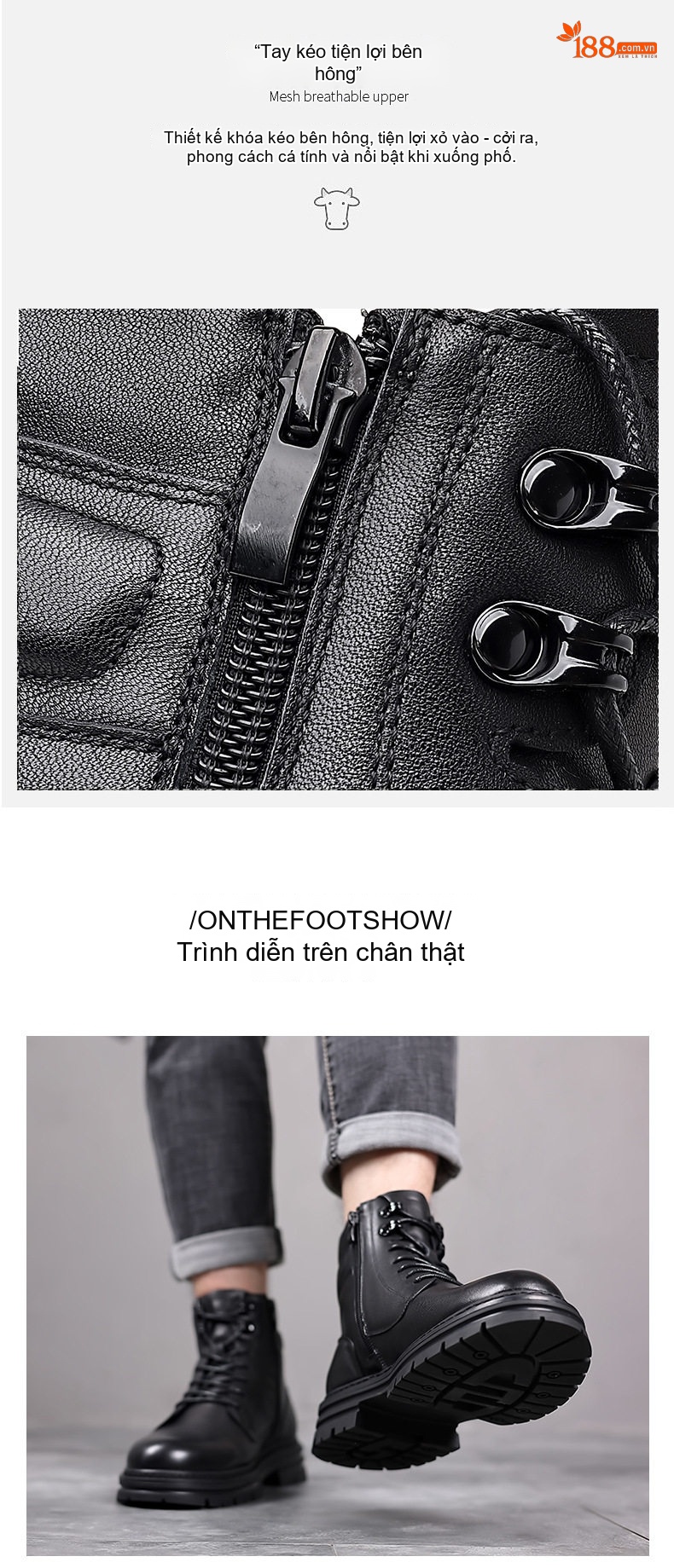 Boot Martin Nam Da Bò dáng chữ Anh Quốc Đế Dày Chiều Cao Đế Khoảng 5cm Màu Đen chi tiết 10