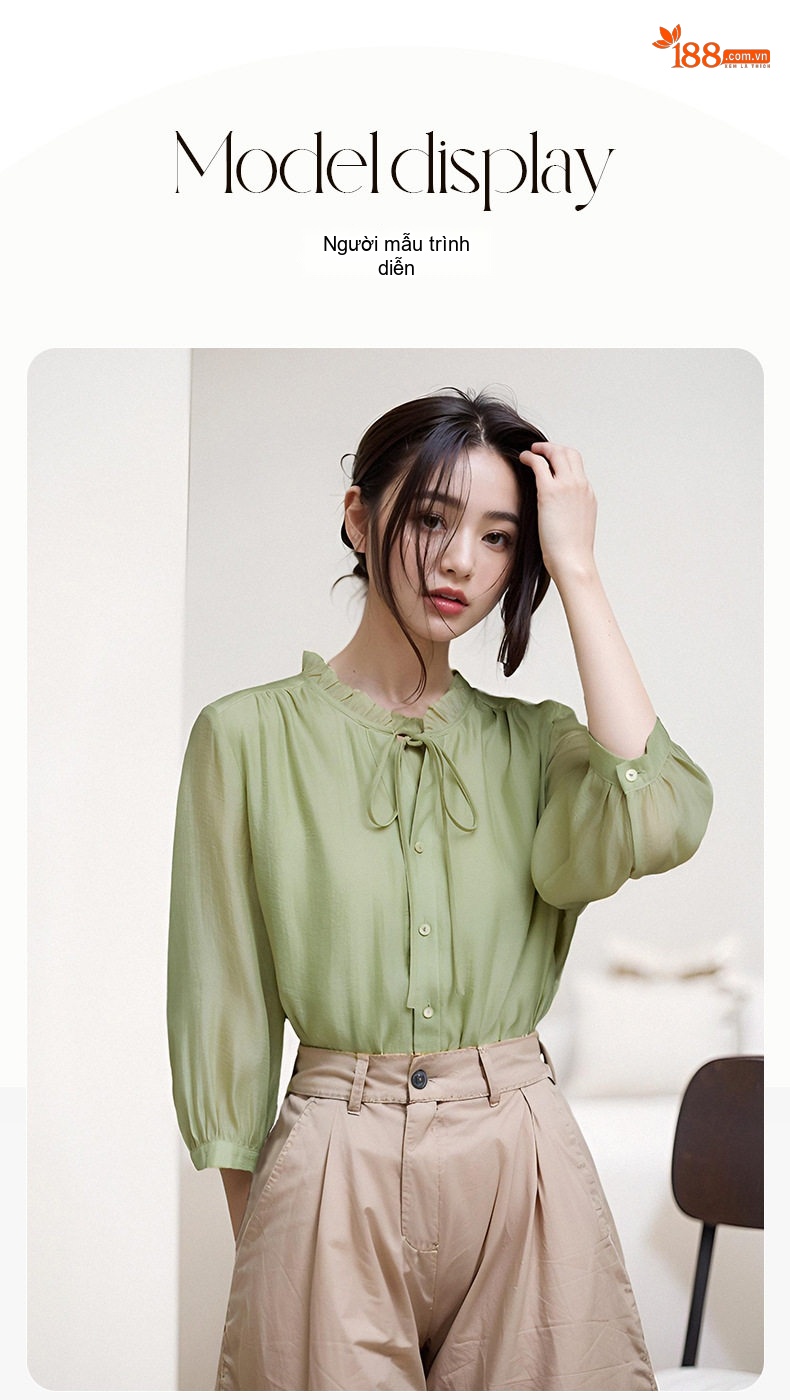 Áo Sơ Mi Nữ Cổ Bèo Tay Lỡ Màu Xanh Lục Nhạt Thiết Kế Thanh Lịch chi tiết 7
