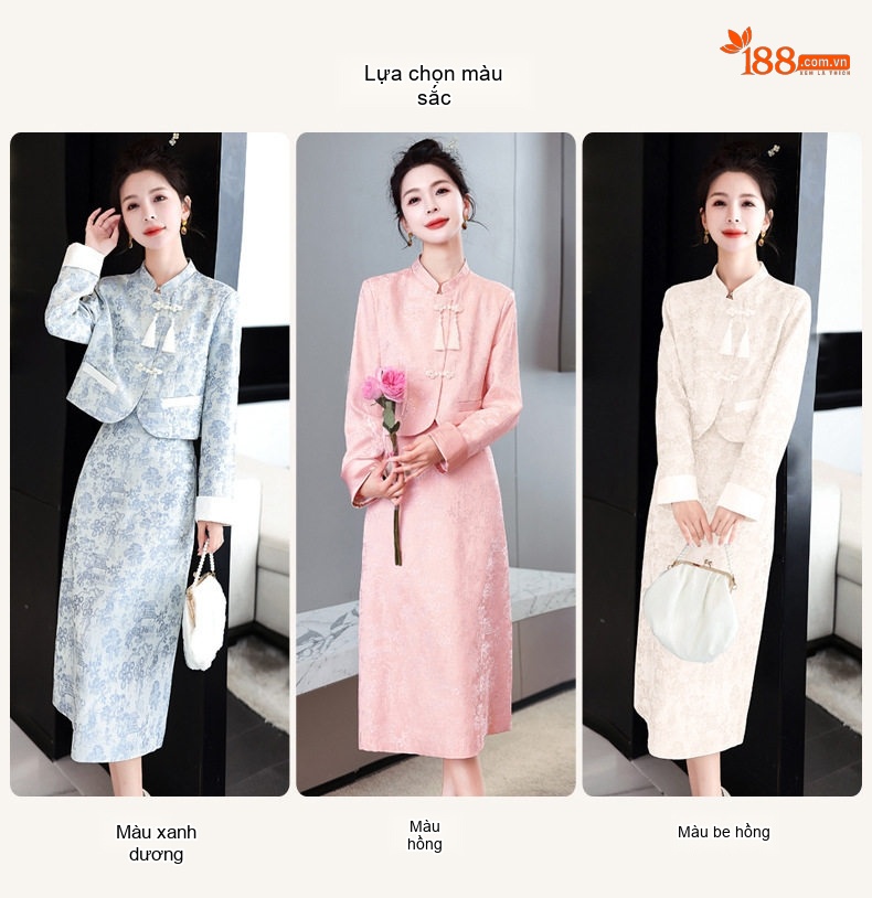 Set Áo Khoác Lửng và Chân Váy Midi Nữ Phong Cách Tân Cổ Điển Họa Tiết Màu Xanh, Hồng, Kem chi tiết 11