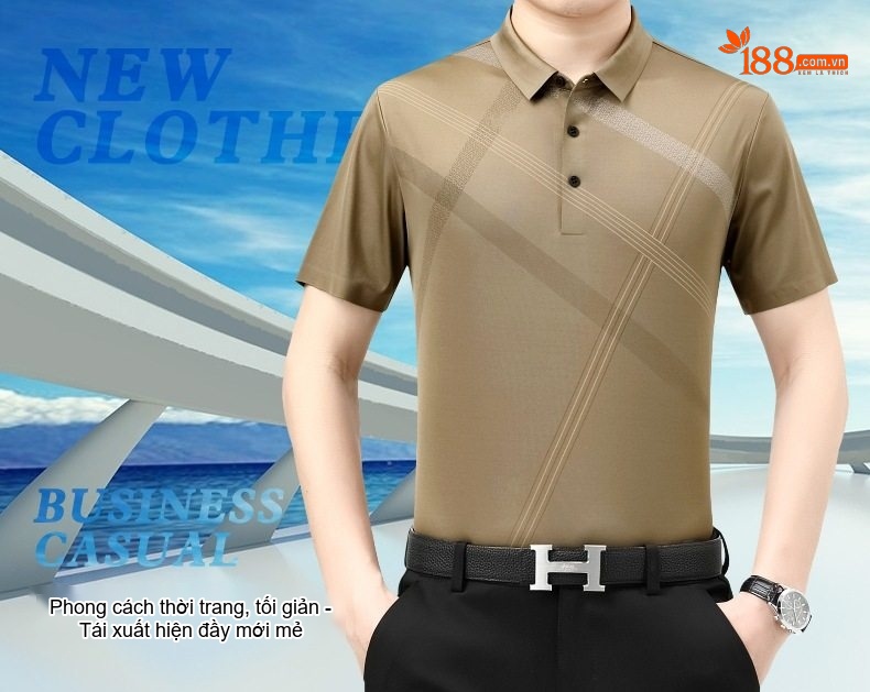 Áo Thun Polo Nam Lụa Tơ Tằm Họa Tiết Sọc Ngắn Tay Phong Cách Doanh Nhân Màu Nâu, Xanh Navy, Đen, Xanh Da Trời... chi tiết 1