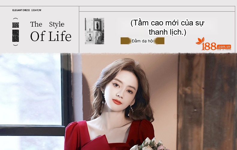 Váy Dự Tiệc dáng chữ A Tay Dài Cổ chữ Vuông Màu Đỏ Rượu Vang, Trắng chi tiết 1