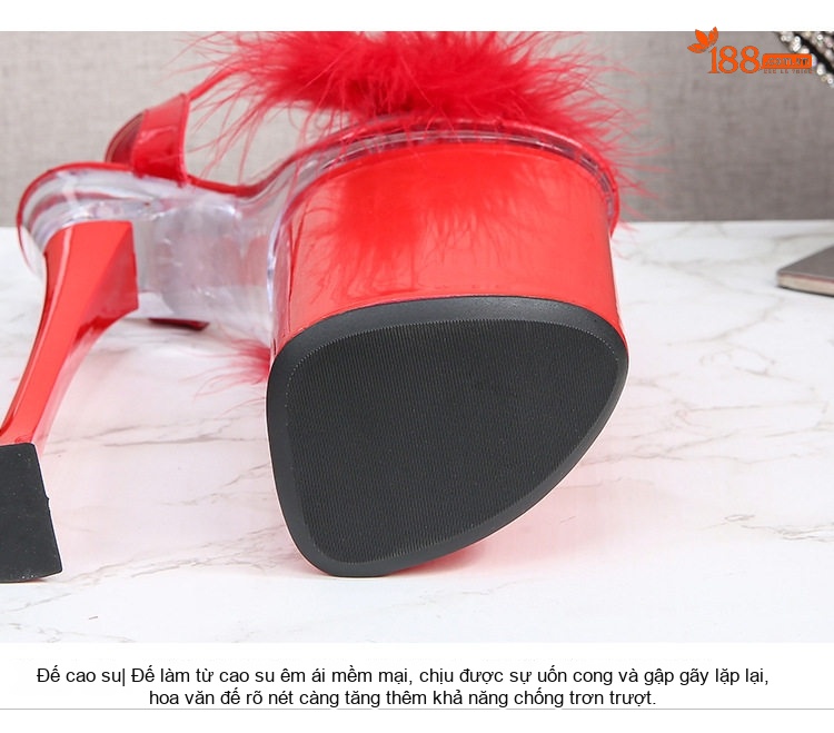 Giày Sandal Cao Gót Nữ Quai Ngang Đính Lông Gót Cao 26cm Màu Đen, Trắng, Đỏ chi tiết 6