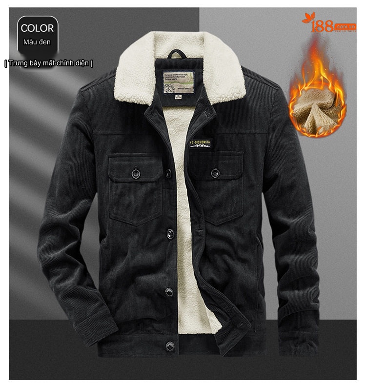 Áo Khoác Nam Cotton Lót Lông Cừu Non Cổ Lông Rộng Dáng Rộng Màu Đen, Nâu, Xanh... chi tiết 30