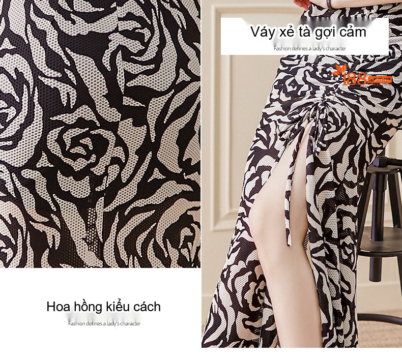 Váy Ôm Body Xẻ Tà Dáng Dài Họa Tiết Cao Cấp Phong Cách Pháp Màu Đen, Trắng chi tiết 5