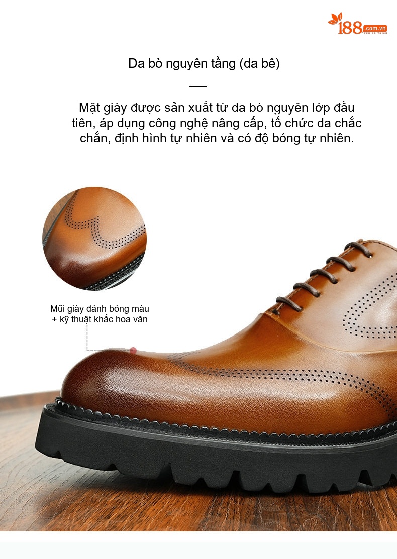 Giày Tây Brogue Nam Da Bóng Đế Dày Chiều Cao Đế 4cm Màu Đen, Nâu chi tiết 7