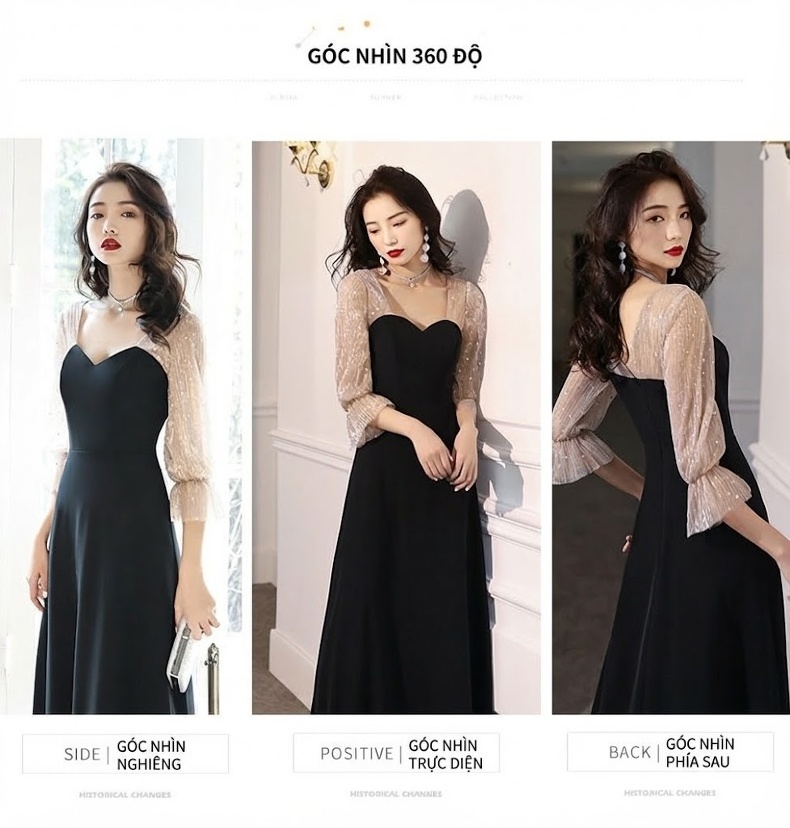 Váy Dạ Hội Nữ Phong Cách Pháp Hepburn Cổ Điển, Tay Lỡ Màu Đen chi tiết 4