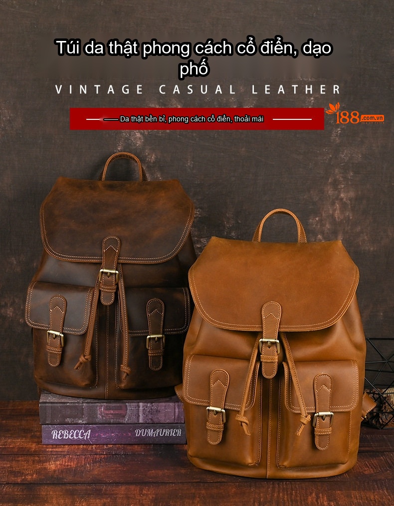 Balo Da Bò Nam Nữ Lớn Phong Cách Retro Màu Nâu chi tiết 4