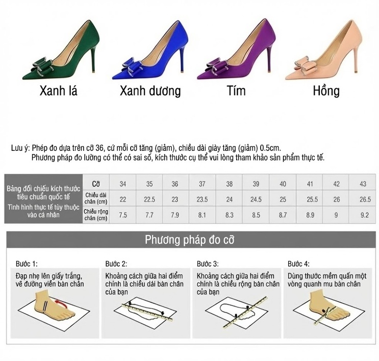 Giày Cao Gót Nữ Mũi Nhọn Gót Nhọn Chiều Cao Đế Khoảng 8cm Đính Nơ Màu Đỏ, Xanh Lá, Đen, Kem... chi tiết 1