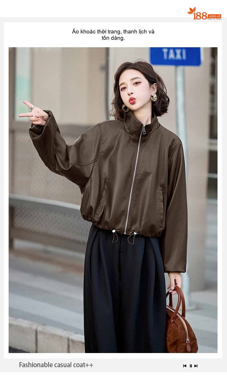 Áo Khoác Da Ngắn Tay Lỡ Dáng Bomber Phong Cách Hàn Quốc Màu Nâu, Đen chi tiết 8
