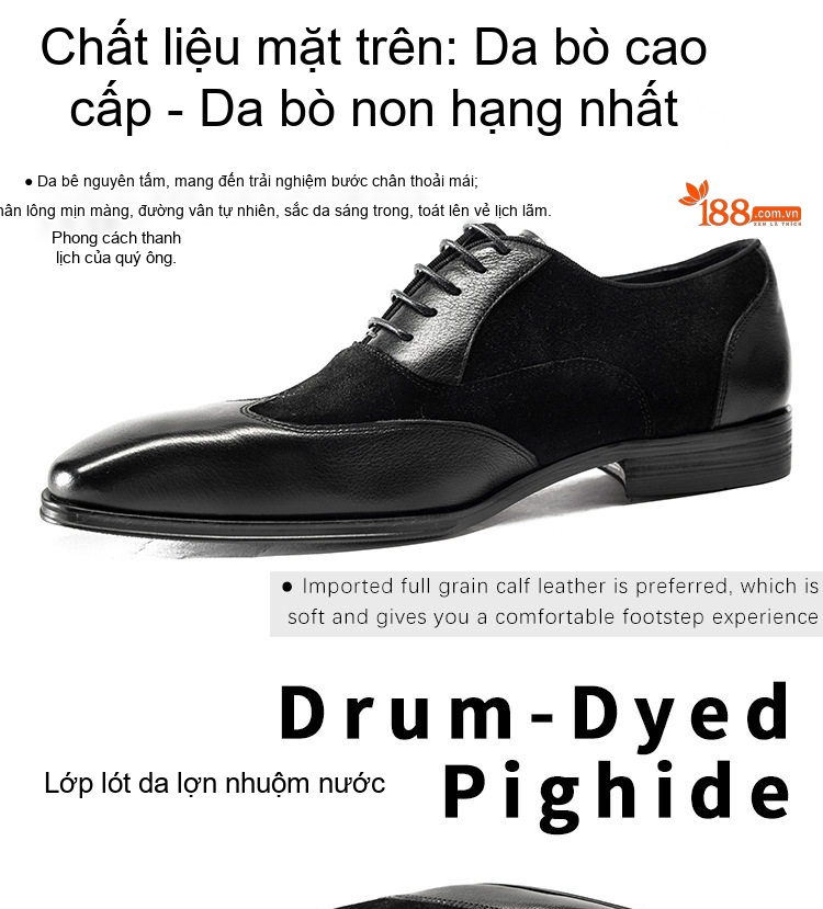 Giày Tây Buộc Dây Nam Da Bò Phối Nỉ Chiều Cao Đế Khoảng 3cm Màu Đen chi tiết 4