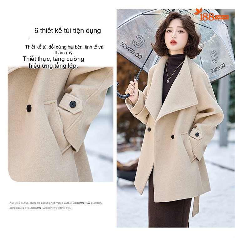 Áo Khoác Dạ Nữ Dáng Ngắn Wool Thiết Kế Thắt Eo Tôn Dáng Màu Be, Xám chi tiết 8