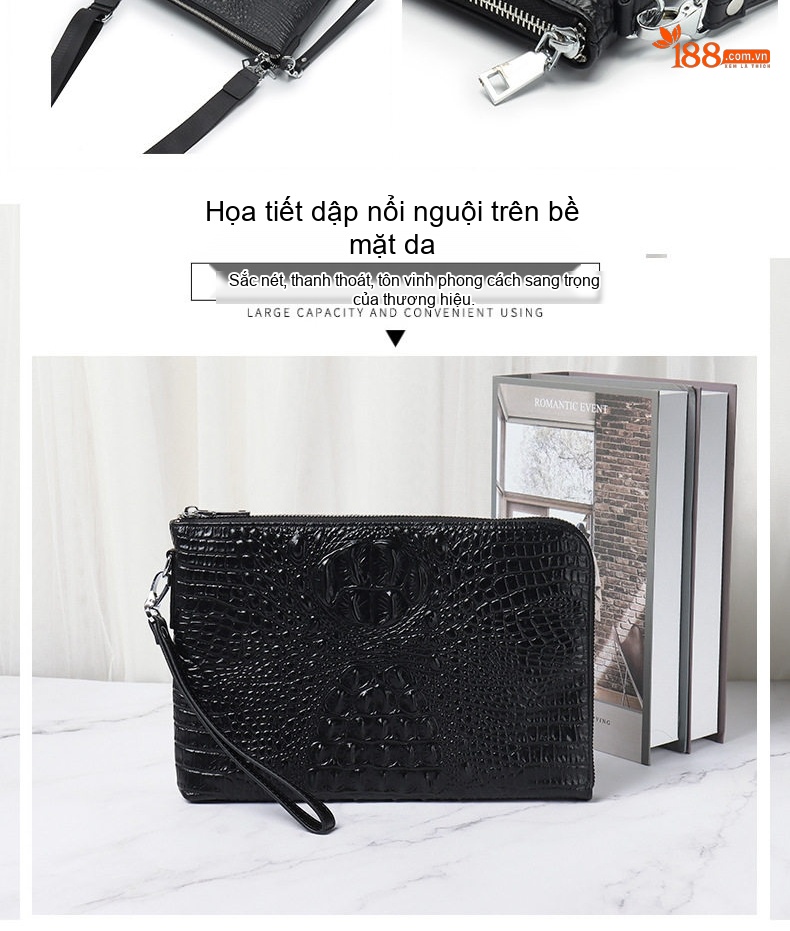 Túi Clutch Nam Da Bò Vân Cá Sấu Cầm Tay Đeo Chéo Đựng Tài Liệu Công Sở Màu Đen chi tiết 3