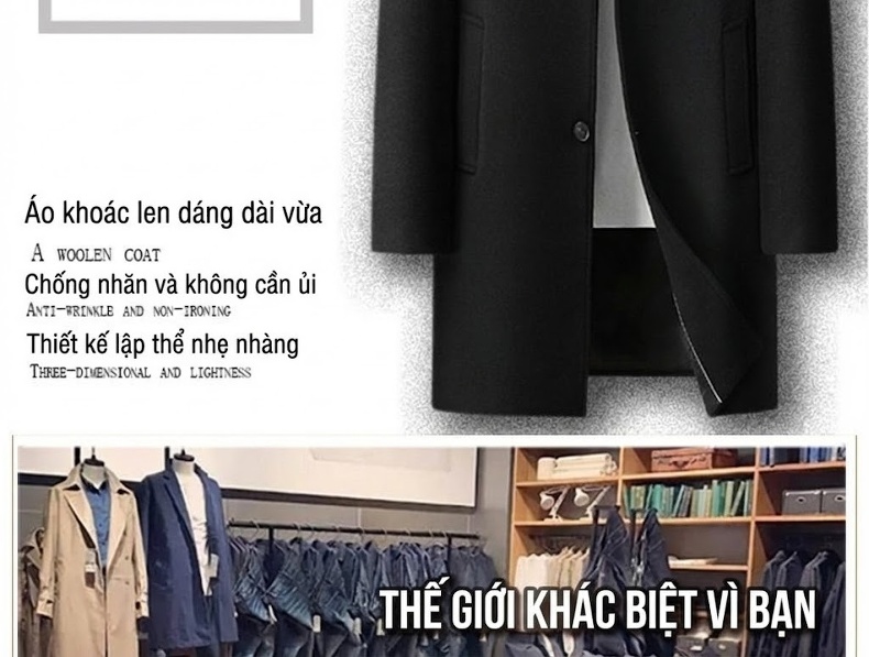 Áo Khoác Dạ Nam Dáng Dài Vừa Cổ chữ Vest Cài Nút Phong Cách Tối Giản Màu Đen, Xám, Nâu chi tiết 1