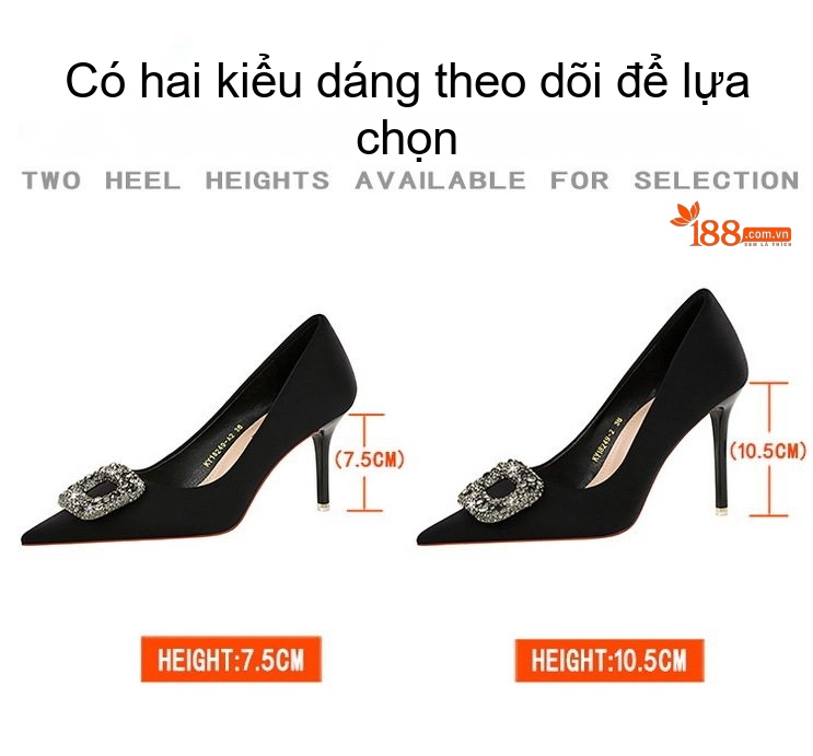 Giày Cao Gót Nữ Mũi Nhọn Quai Kim Loại Đính Đá Chiều Cao Đế 7.5cm Màu Đen chi tiết 1