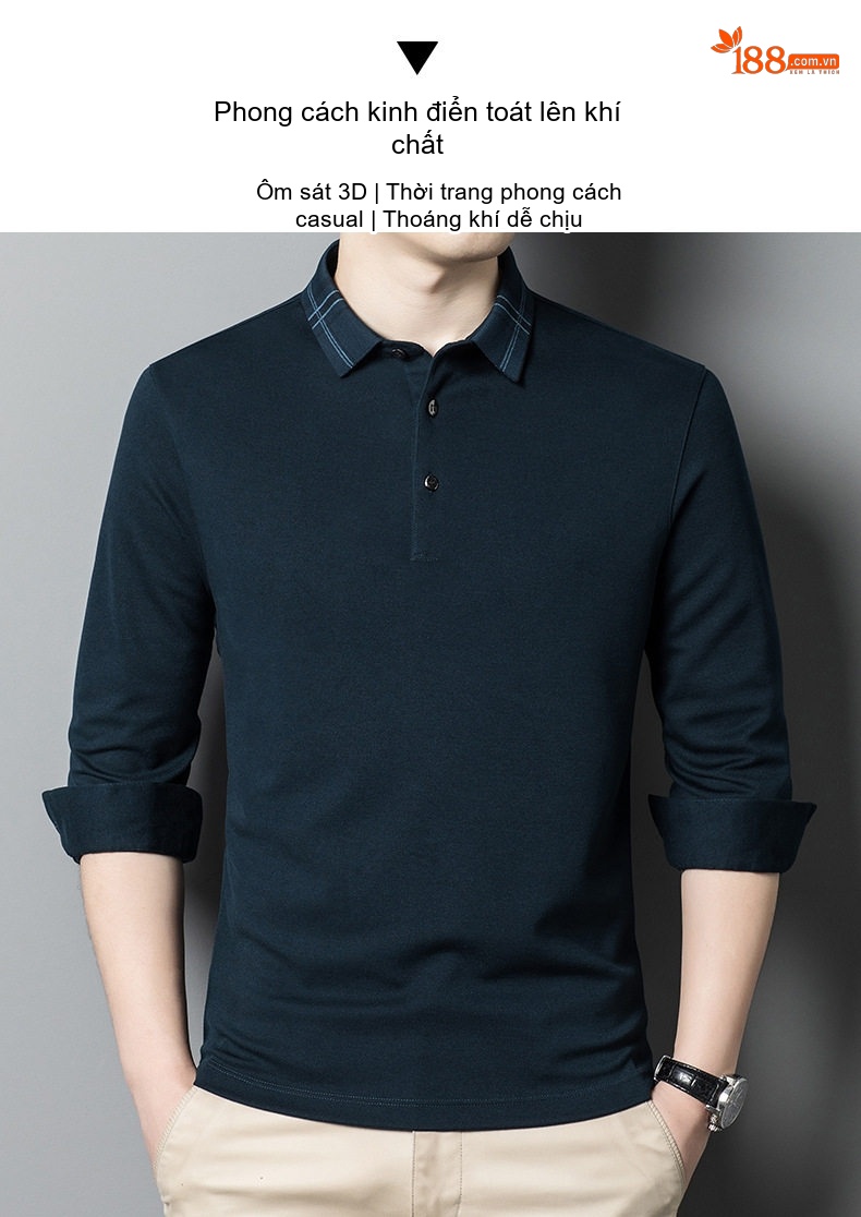 Áo Polo Nam Dài Tay Thương Hiệu Chất Liệu Sơn Dương (Cashmere) Kiểu Dáng Ôm Vừa Màu Xanh Navy, Đỏ Rượu chi tiết 1