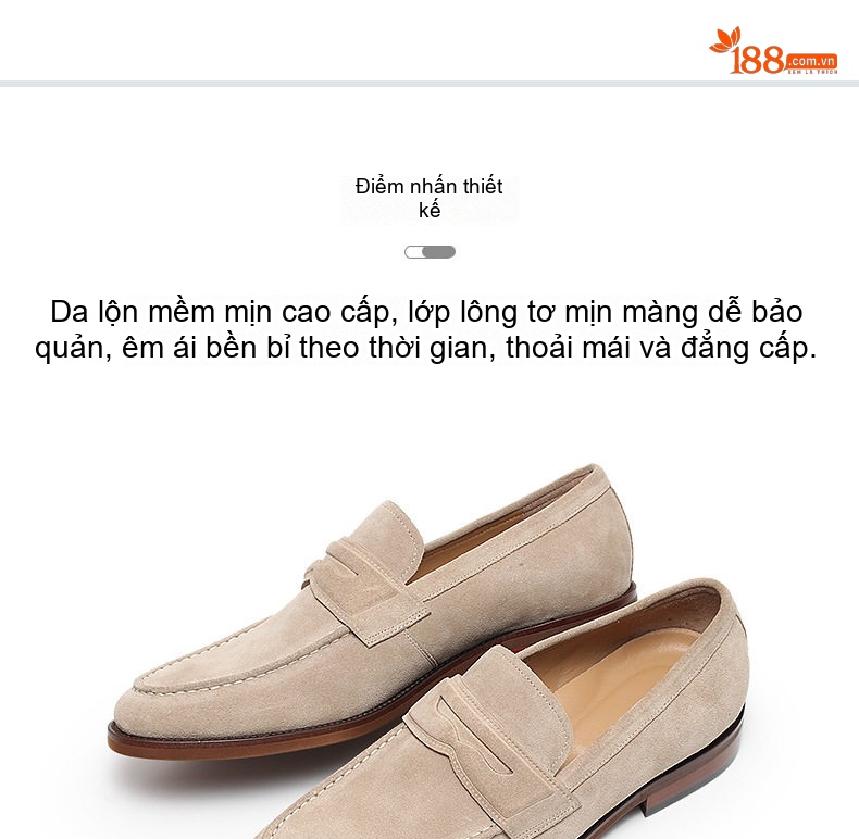 Giày Lười Nam Da Thật Lộn Chiều Cao Đế Khoảng 3cm Phong Cách Anh Màu Đen, Kem chi tiết 4