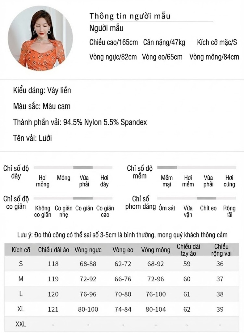 Váy Ôm Body Nữ Dáng Dài Tay Dài Cổ chữ Vuông Họa Tiết Hoa Nhí Phong Cách Thanh Lịch Màu Cam chi tiết 2