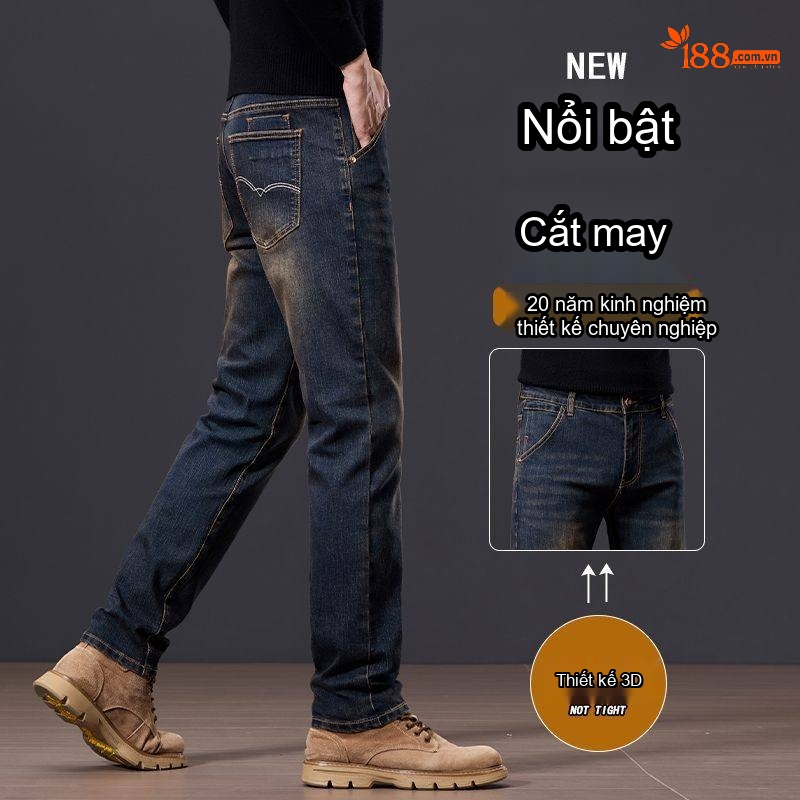 Quần Jean Nam Ống Đứng Vừa Vặn Phong Cách Retro Vải Denim Màu Xanh Dương