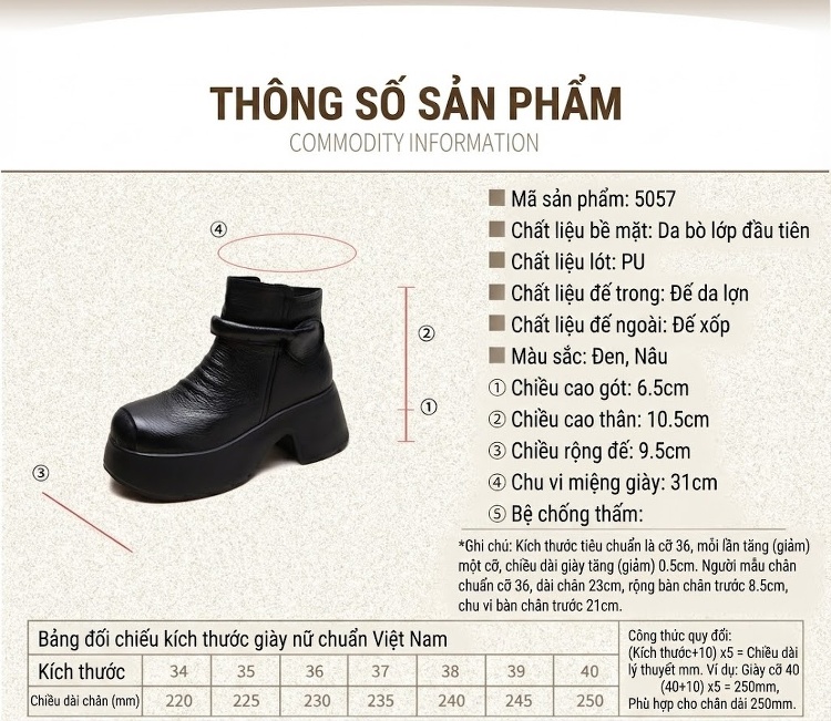 Boot Martin Nữ Da Bò Đế Dày Chiều Cao Đế Khoảng 7cm Màu Đen, Nâu chi tiết 2