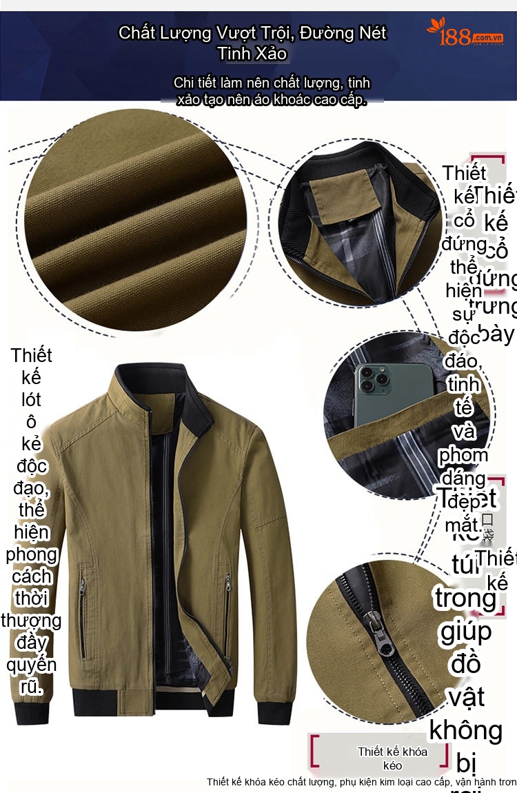 Áo Khoác Bomber Nam Cotton Dáng Đứng Cổ Giản Dị Màu Xanh Olive, Đỏ, Xanh Lá, Đen... chi tiết 5