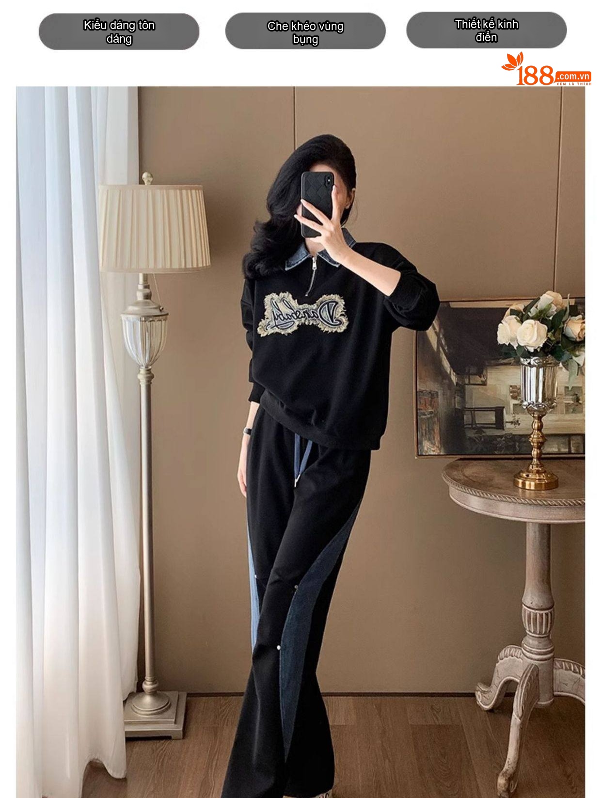 Bộ Đồ Nữ Áo Hoodie Tay Dài Quần Ống Rộng Phong Cách Casual Màu Đen chi tiết 11