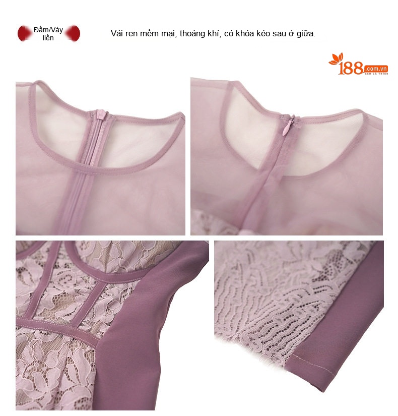 Váy Ôm Body Ren Ngắn Tay Thiết Kế Sang Trọng Màu Tím, Đen, Xanh chi tiết 6